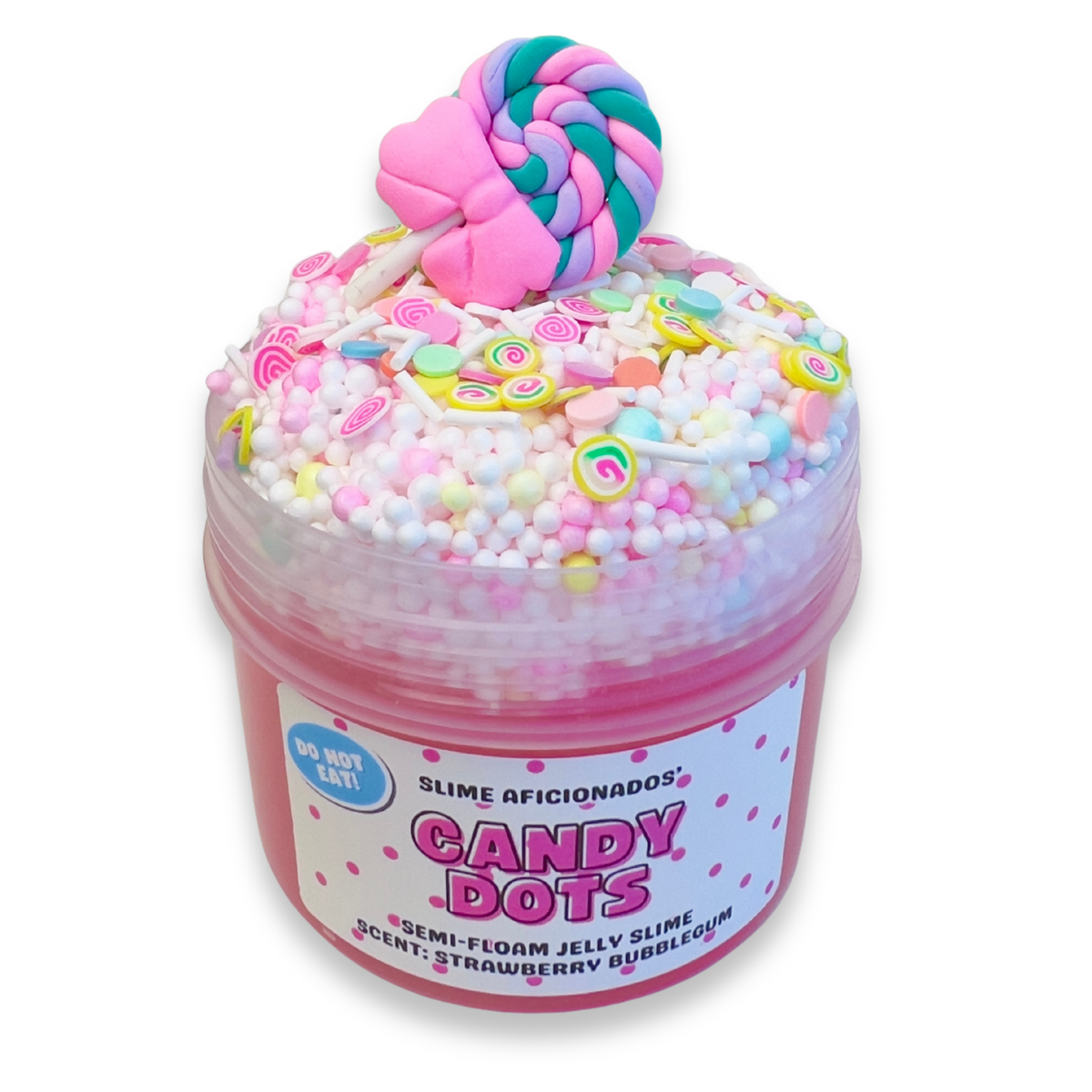 A jar of pink jelly slime topped with colorful candy-themed sprinkles and a large pink and blue lollipop, labeled 'CANDY DOTS' on a white background.